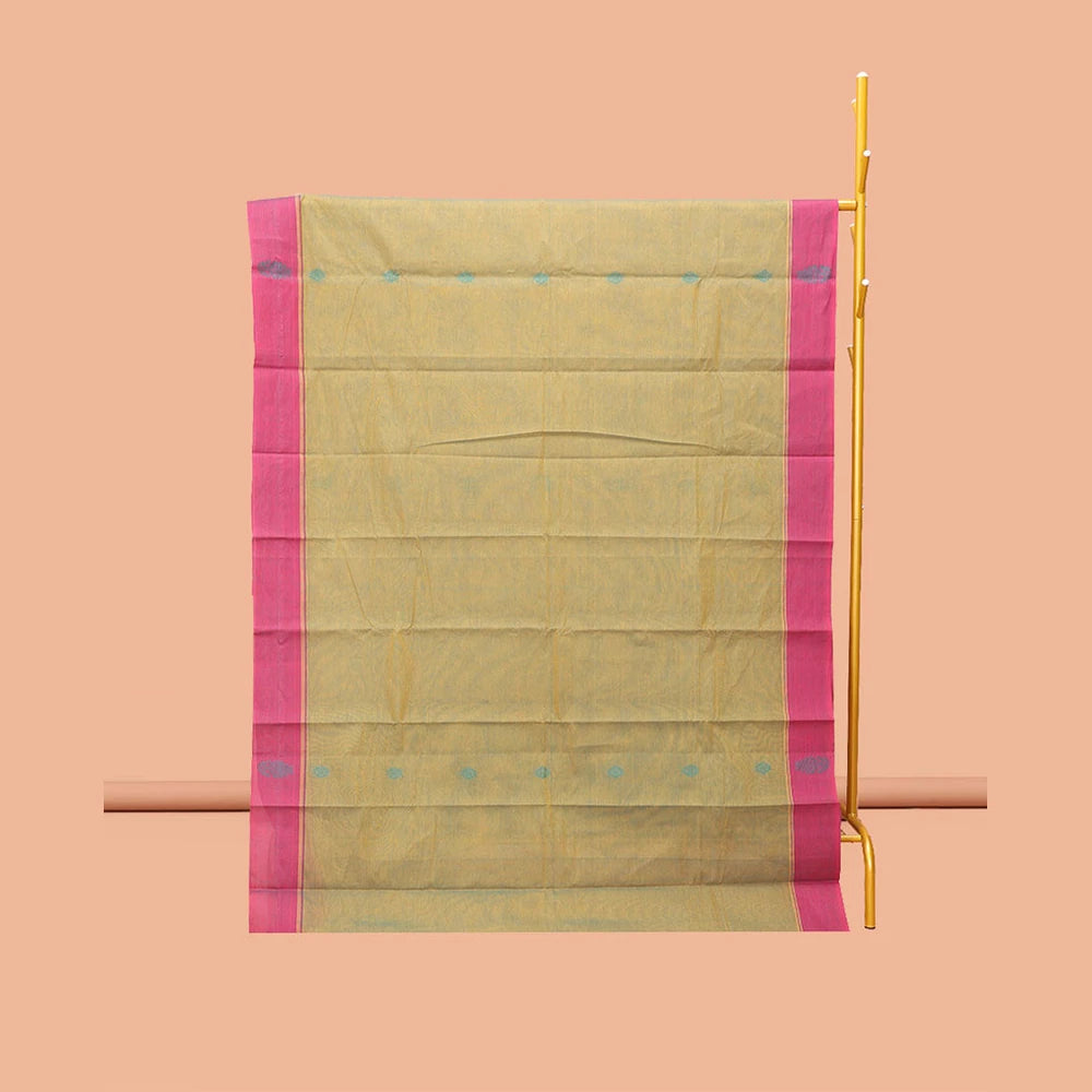 Pothys Green Kanchi Cotton Saree, Ornamented with Buttas, Complemented by a Contrast Border, Ogee-Patterned Pallu, and a Matching Blouse