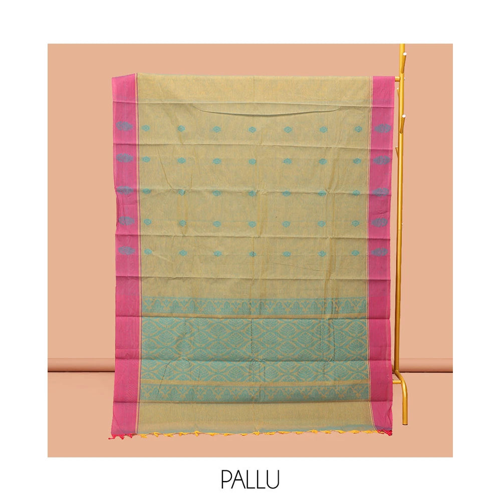 Pothys Green Kanchi Cotton Saree, Ornamented with Buttas, Complemented by a Contrast Border, Ogee-Patterned Pallu, and a Matching Blouse