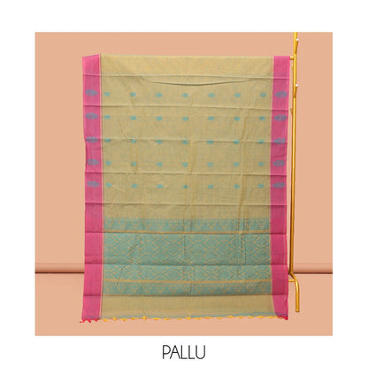 Pothys Green Kanchi Cotton Saree, Ornamented with Buttas, Complemented by a Contrast Border, Ogee-Patterned Pallu, and a Matching Blouse
