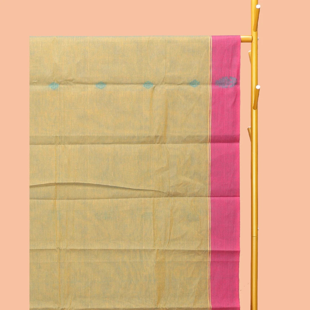 Pothys Green Kanchi Cotton Saree, Ornamented with Buttas, Complemented by a Contrast Border, Ogee-Patterned Pallu, and a Matching Blouse