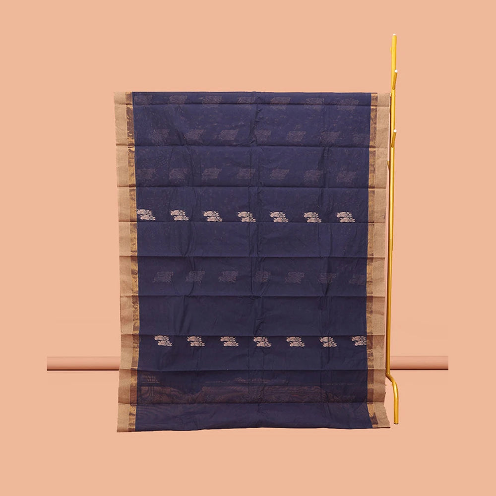 Pothys Navy Blue Kanchi Cotton Saree, Adorned with Buttas, Complemented by a Contrast Border, Intricate Pallu, and a Matching Blouse