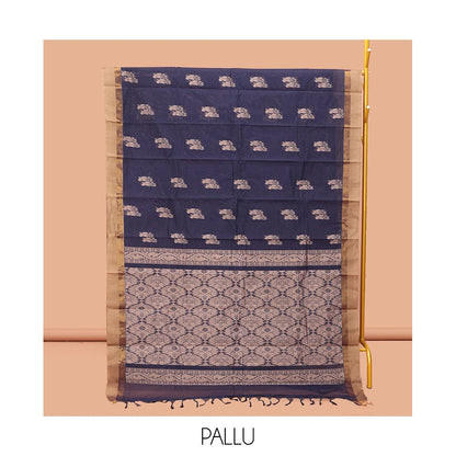 Pothys Navy Blue Kanchi Cotton Saree, Adorned with Buttas, Complemented by a Contrast Border, Intricate Pallu, and a Matching Blouse