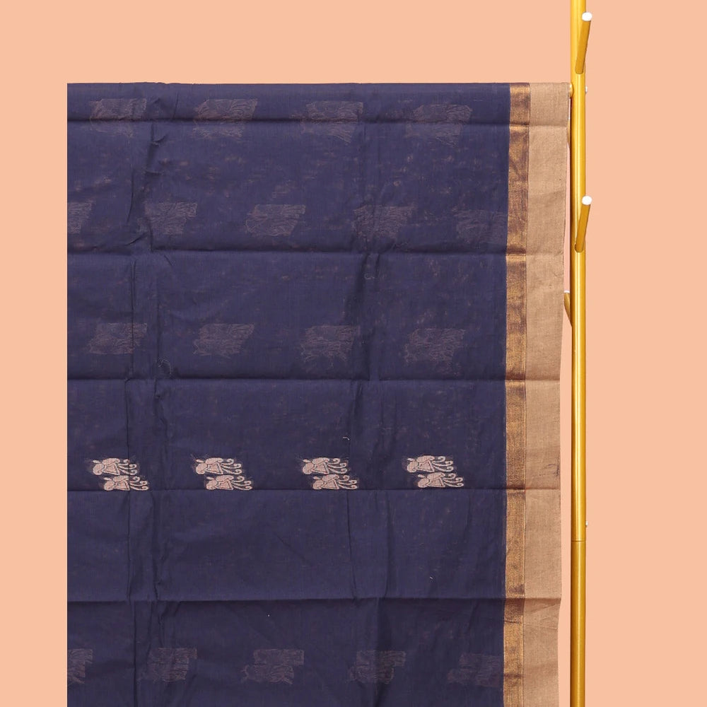 Pothys Navy Blue Kanchi Cotton Saree, Adorned with Buttas, Complemented by a Contrast Border, Intricate Pallu, and a Matching Blouse