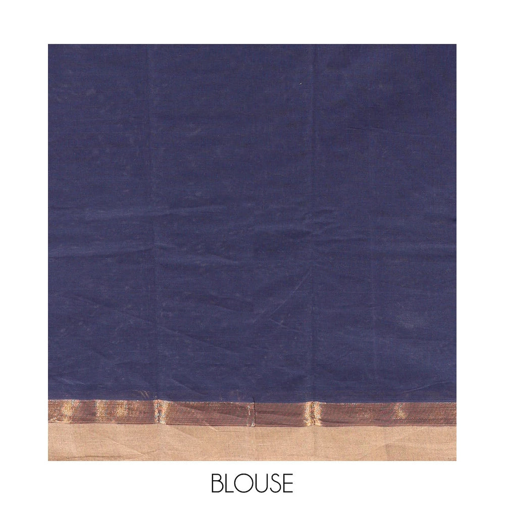 Pothys Navy Blue Kanchi Cotton Saree, Adorned with Buttas, Complemented by a Contrast Border, Intricate Pallu, and a Matching Blouse