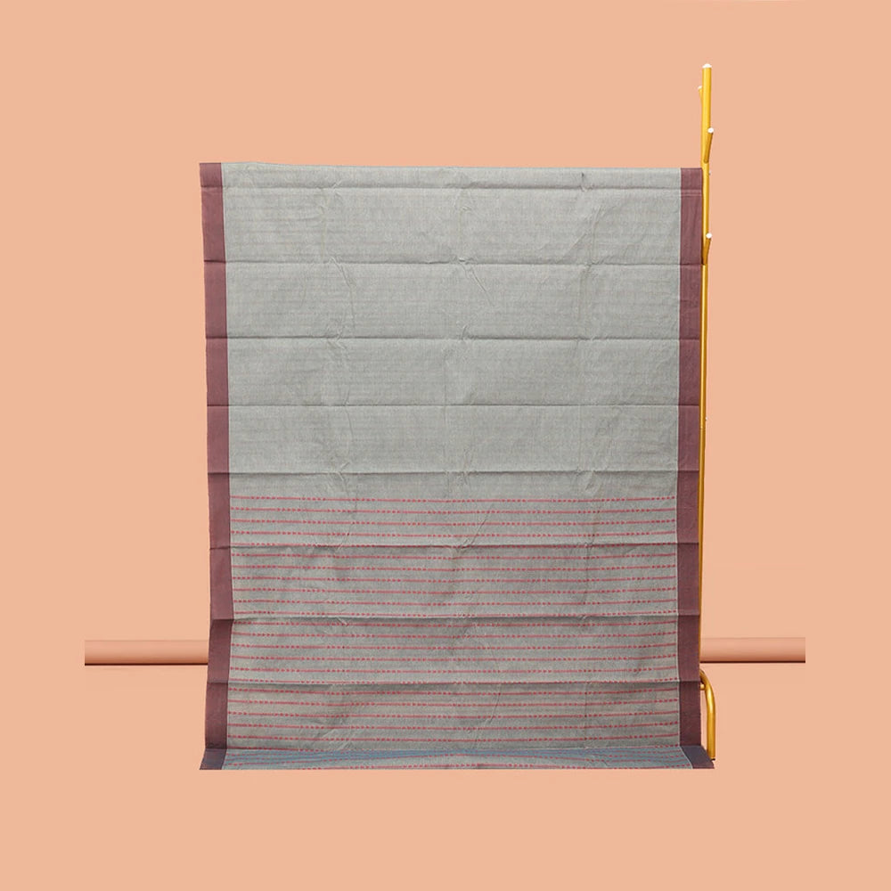 Pothys Grey Kanchi Cotton Saree, Graced with Stripes, Complemented by a Contrast Border, Intricate Pallu, and a Matching Blouse