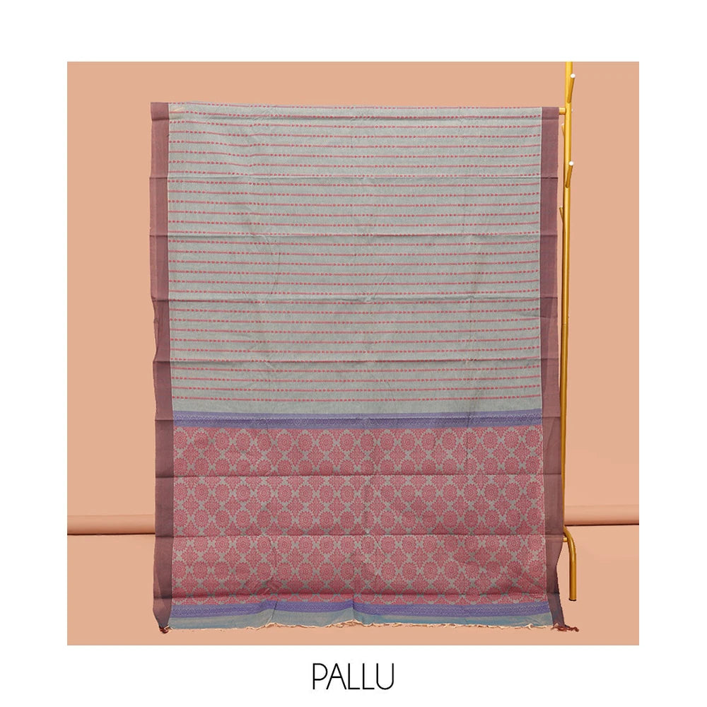 Pothys Grey Kanchi Cotton Saree, Graced with Stripes, Complemented by a Contrast Border, Intricate Pallu, and a Matching Blouse