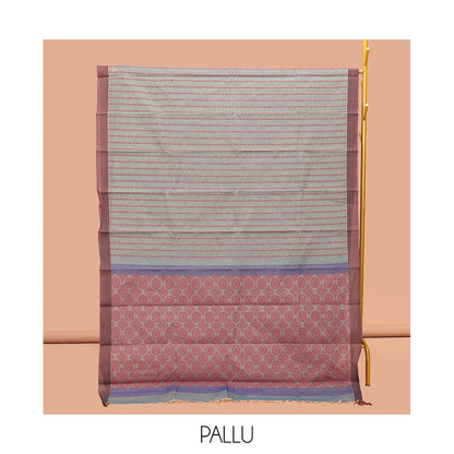 Pothys Grey Kanchi Cotton Saree, Graced with Stripes, Complemented by a Contrast Border, Intricate Pallu, and a Matching Blouse