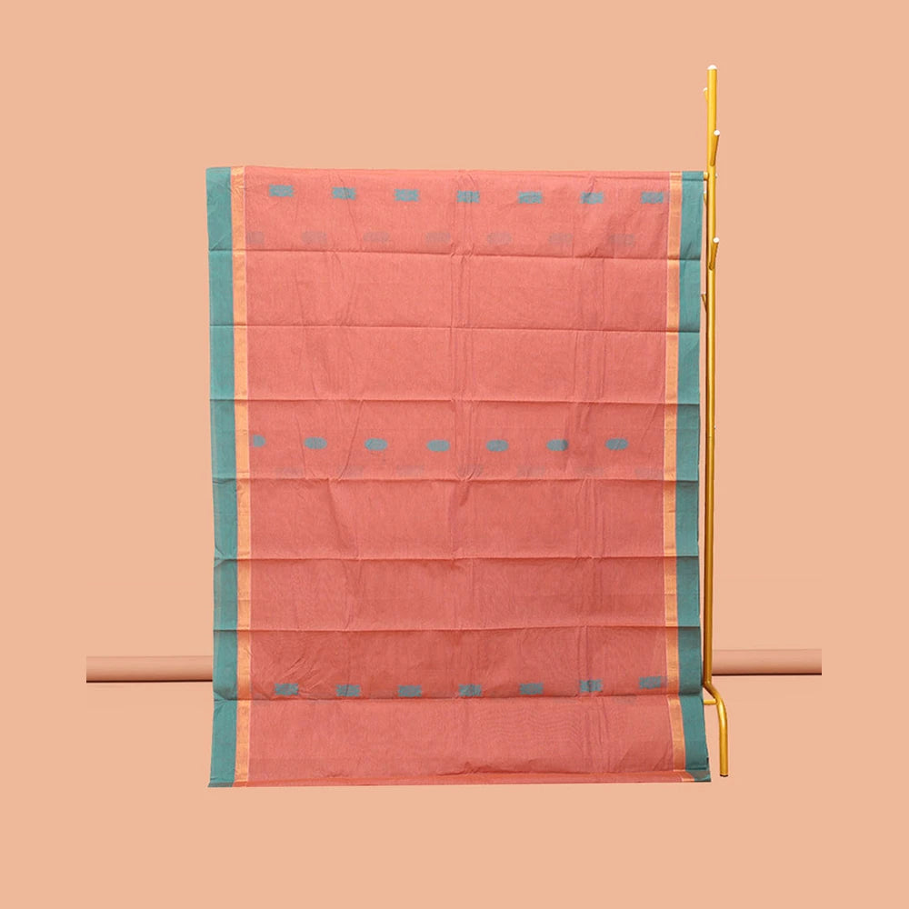Pothys Peach Kanchi Cotton Saree, Adorned with Buttas, Complemented by a Contrast Border, Intricate Pallu, and a Matching Blouse