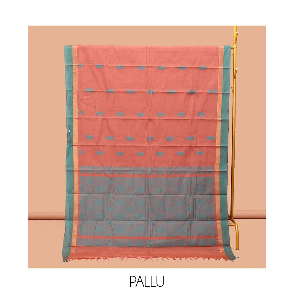 Pothys Peach Kanchi Cotton Saree, Adorned with Buttas, Complemented by a Contrast Border, Intricate Pallu, and a Matching Blouse