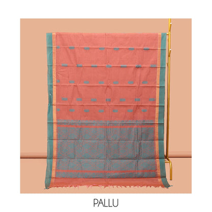 Pothys Peach Kanchi Cotton Saree, Adorned with Buttas, Complemented by a Contrast Border, Intricate Pallu, and a Matching Blouse