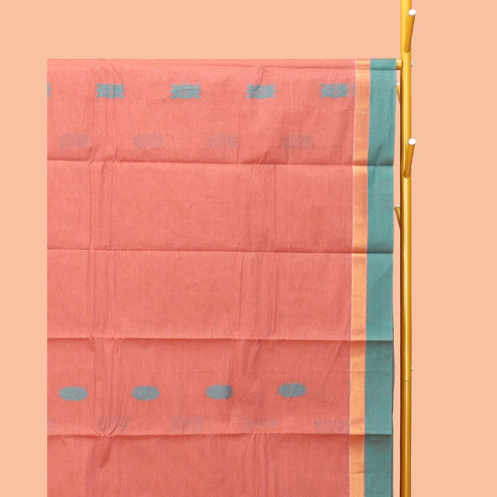 Pothys Peach Kanchi Cotton Saree, Adorned with Buttas, Complemented by a Contrast Border, Intricate Pallu, and a Matching Blouse
