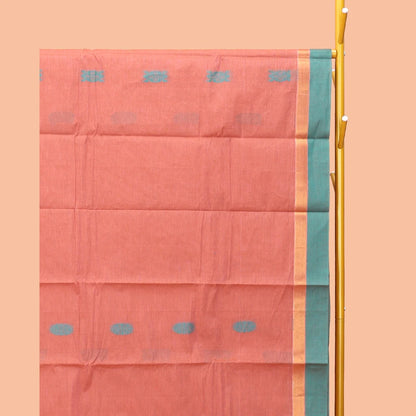 Pothys Peach Kanchi Cotton Saree, Adorned with Buttas, Complemented by a Contrast Border, Intricate Pallu, and a Matching Blouse