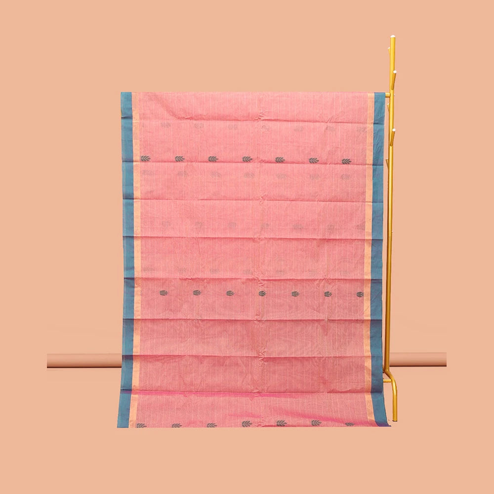 Pothys Pink Kanchi Cotton Saree, Decked Up with Buttas and Stripes, Complemented by a Contrast Border, Floral Pallu, and a Matching Blouse