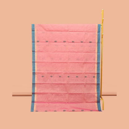 Pothys Pink Kanchi Cotton Saree, Decked Up with Buttas and Stripes, Complemented by a Contrast Border, Floral Pallu, and a Matching Blouse