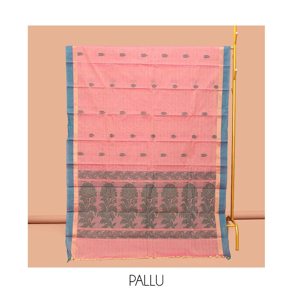 Pothys Pink Kanchi Cotton Saree, Decked Up with Buttas and Stripes, Complemented by a Contrast Border, Floral Pallu, and a Matching Blouse