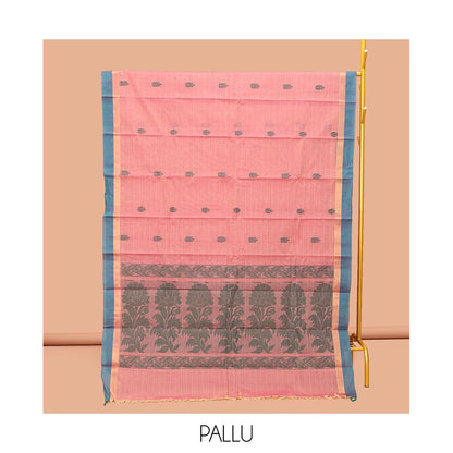 Pothys Pink Kanchi Cotton Saree, Decked Up with Buttas and Stripes, Complemented by a Contrast Border, Floral Pallu, and a Matching Blouse