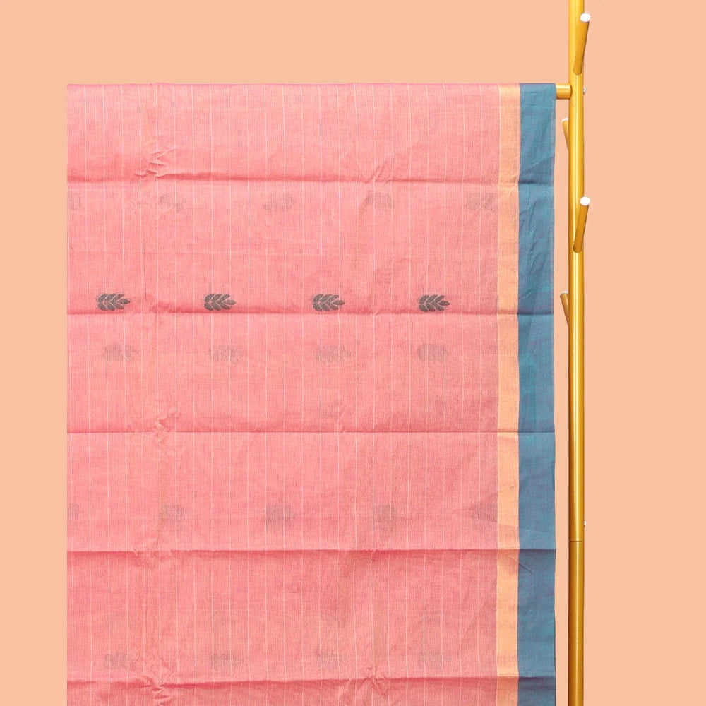 Pothys Pink Kanchi Cotton Saree, Decked Up with Buttas and Stripes, Complemented by a Contrast Border, Floral Pallu, and a Matching Blouse
