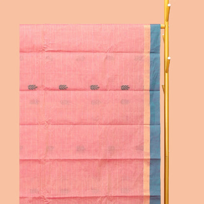 Pothys Pink Kanchi Cotton Saree, Decked Up with Buttas and Stripes, Complemented by a Contrast Border, Floral Pallu, and a Matching Blouse