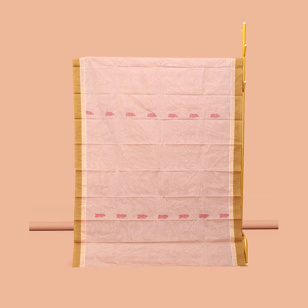 Pothys Sandal Kanchi Cotton Saree, Bedecked with Buttas, Complemented by a Contrast Border, Floral Pallu, and a Matching Blouse