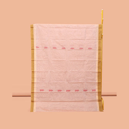 Pothys Sandal Kanchi Cotton Saree, Bedecked with Buttas, Complemented by a Contrast Border, Floral Pallu, and a Matching Blouse