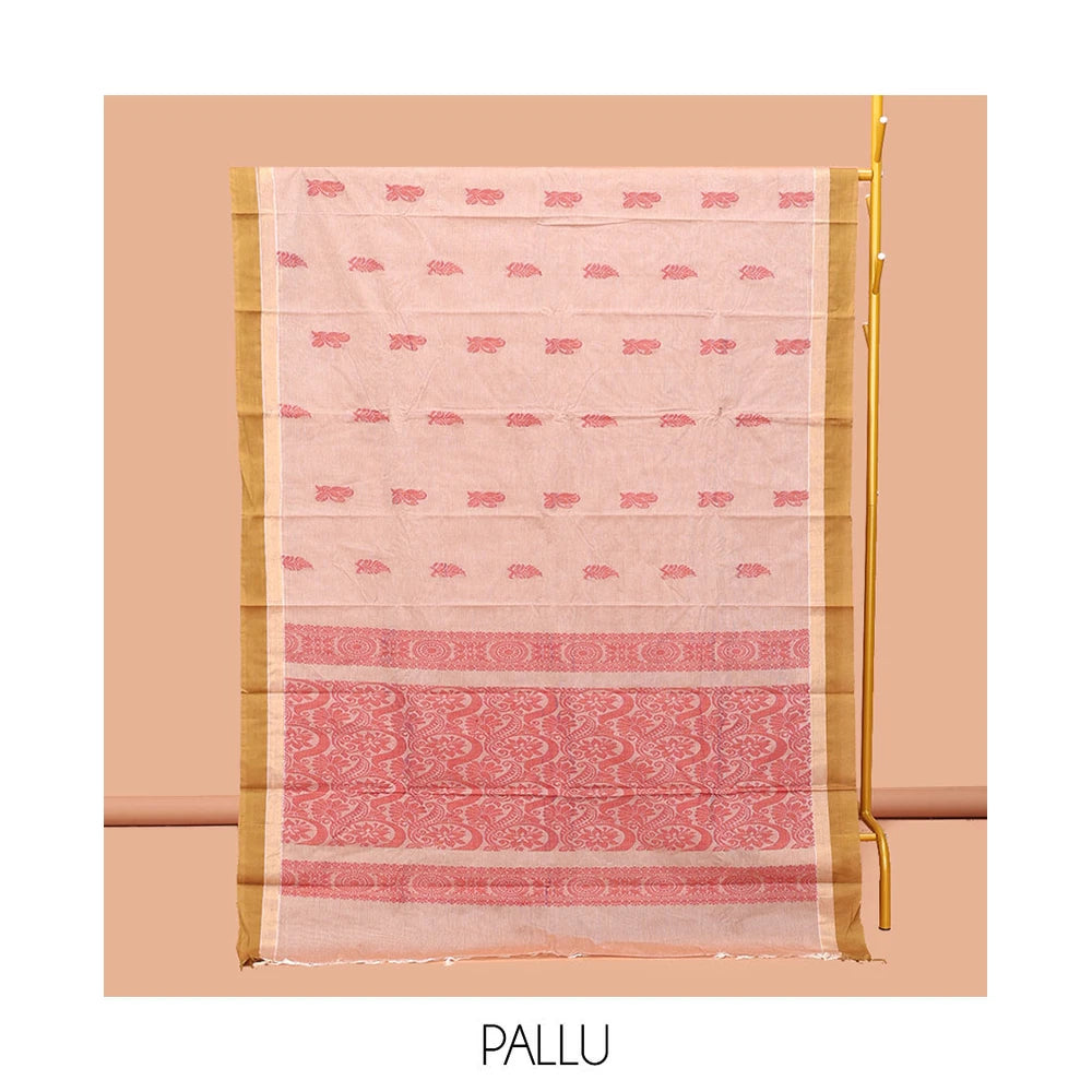 Pothys Sandal Kanchi Cotton Saree, Bedecked with Buttas, Complemented by a Contrast Border, Floral Pallu, and a Matching Blouse