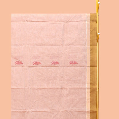 Pothys Sandal Kanchi Cotton Saree, Bedecked with Buttas, Complemented by a Contrast Border, Floral Pallu, and a Matching Blouse