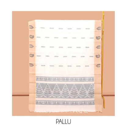 Pothys Cream Kanchi Cotton Saree, Bedecked with Buttas, Complemented by a Contrast Paisley-Temple Border, Intricate Pallu, and a Matching Blouse