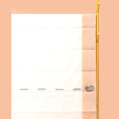 Pothys Cream Kanchi Cotton Saree, Bedecked with Buttas, Complemented by a Contrast Paisley-Temple Border, Intricate Pallu, and a Matching Blouse