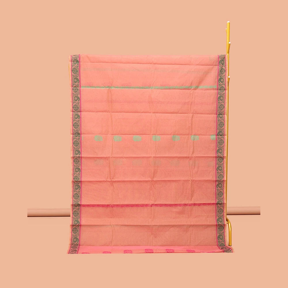 Pothys Peach Kanchi Cotton Saree, Woven with Buttas, Complemented by a Floral Creeper Border, Pallu of Butta Enclosed Checks, and a Matching Blouse