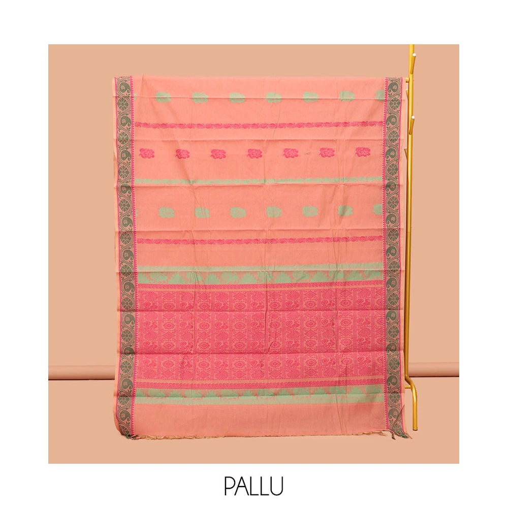 Pothys Peach Kanchi Cotton Saree, Woven with Buttas, Complemented by a Floral Creeper Border, Pallu of Butta Enclosed Checks, and a Matching Blouse