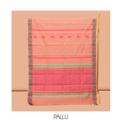 Pothys Peach Kanchi Cotton Saree, Woven with Buttas, Complemented by a Floral Creeper Border, Pallu of Butta Enclosed Checks, and a Matching Blouse