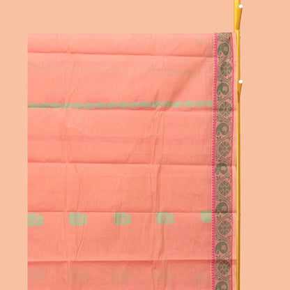 Pothys Peach Kanchi Cotton Saree, Woven with Buttas, Complemented by a Floral Creeper Border, Pallu of Butta Enclosed Checks, and a Matching Blouse
