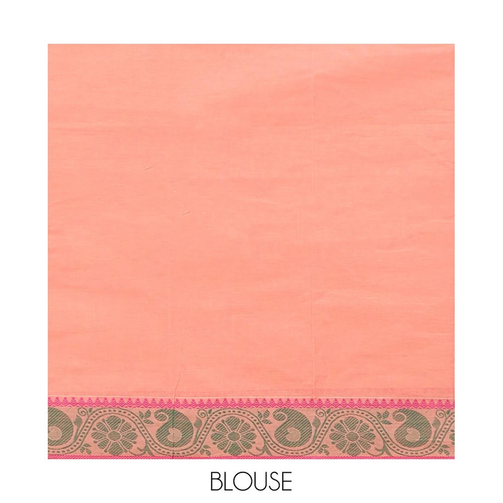 Pothys Peach Kanchi Cotton Saree, Woven with Buttas, Complemented by a Floral Creeper Border, Pallu of Butta Enclosed Checks, and a Matching Blouse
