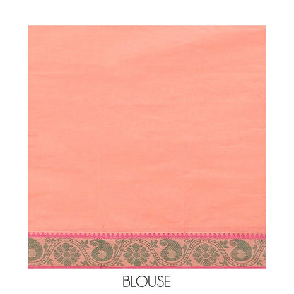 Pothys Peach Kanchi Cotton Saree, Woven with Buttas, Complemented by a Floral Creeper Border, Pallu of Butta Enclosed Checks, and a Matching Blouse