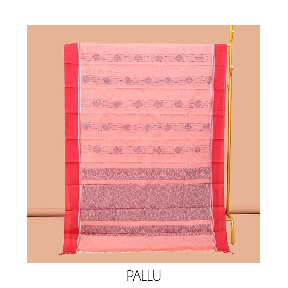 Pothys Pink Kanchi Cotton Saree, Woven with Buttas, Complemented by a Contrast Border, Pallu of Jaal Design, and a Matching Blouse