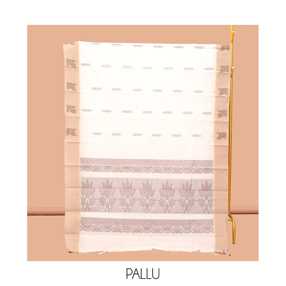 Pothys Cream Kanchi Cotton Saree, Woven with Buttas, Complemented by a Contrast Border, Pallu of Floral Design, and a Matching Blouse
