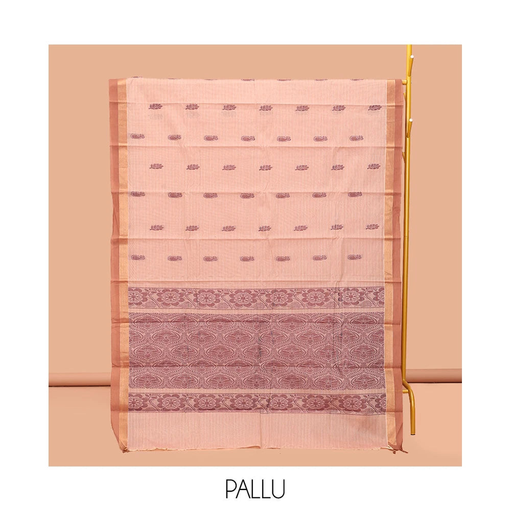 Pothys Light Sandal Kanchi Cotton Saree, Woven with Buttas, Complemented by a Contrast Border, Pallu of Ogee Design, and a Matching Blouse