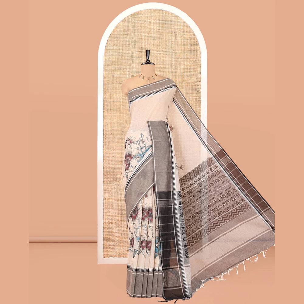 Pothys Cream-Grey Andhra Cotton Saree, Artfully Printed with a Floral Print, a Contrast Temple Border, Pallu of Floral Print, and Contrast Blouse