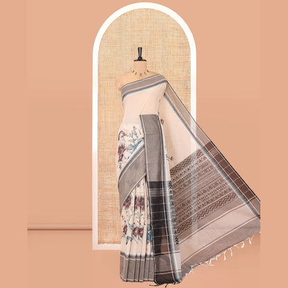Pothys Cream-Grey Andhra Cotton Saree, Artfully Printed with a Floral Print, a Contrast Temple Border, Pallu of Floral Print, and Contrast Blouse