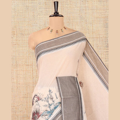 Pothys Cream-Grey Andhra Cotton Saree, Artfully Printed with a Floral Print, a Contrast Temple Border, Pallu of Floral Print, and Contrast Blouse