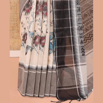 Pothys Cream-Grey Andhra Cotton Saree, Artfully Printed with a Floral Print, a Contrast Temple Border, Pallu of Floral Print, and Contrast Blouse