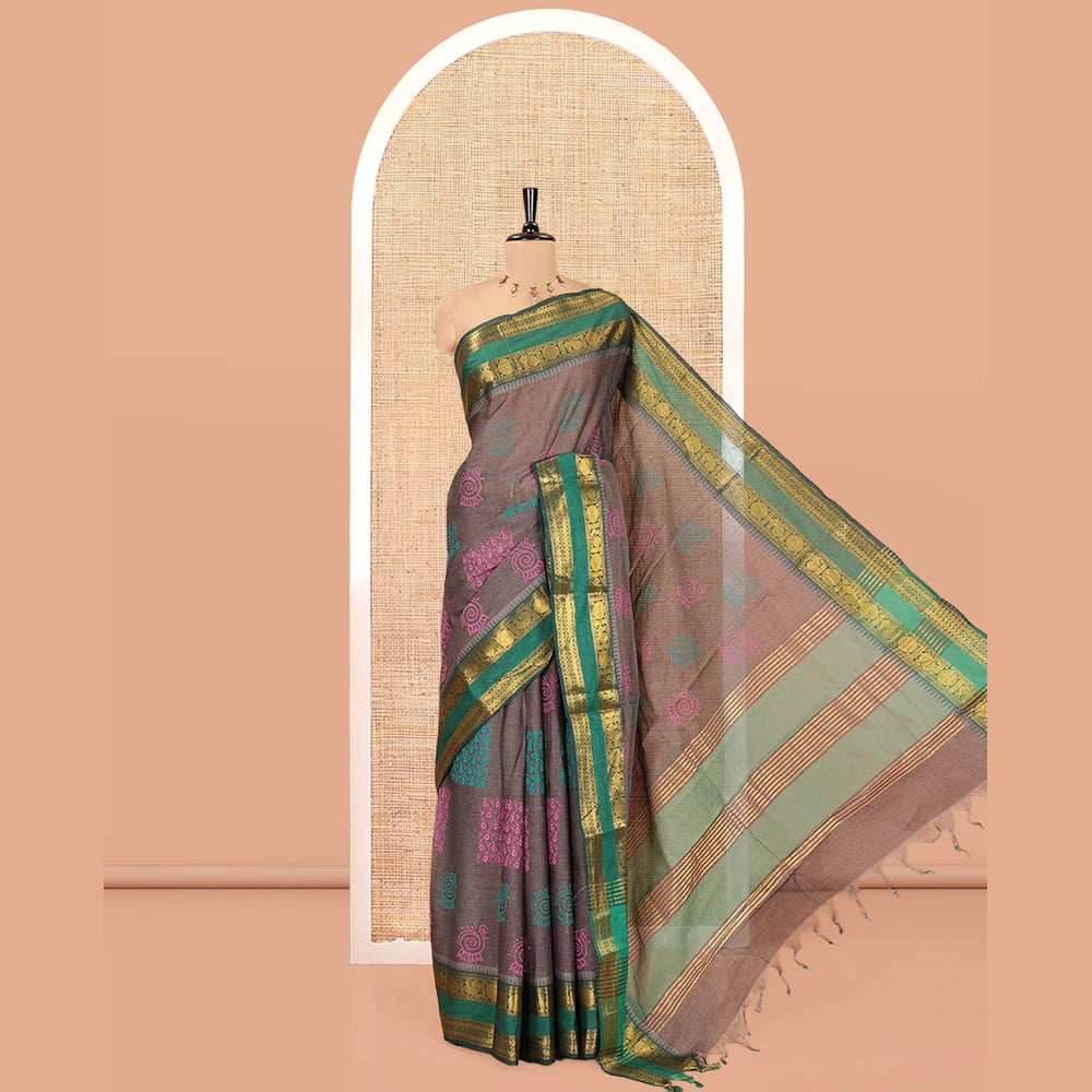 Pothys Grey-Green Andhra Cotton Saree, Decorated with Motifs Print, a Contrast Rettai Pettu Traditional Border, Pallu of Stripes, and Contrast Blouse
