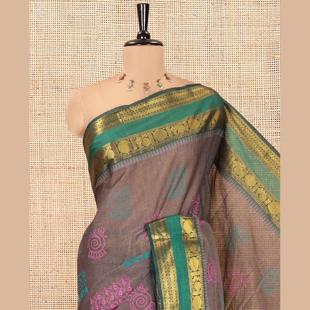 Pothys Grey-Green Andhra Cotton Saree, Decorated with Motifs Print, a Contrast Rettai Pettu Traditional Border, Pallu of Stripes, and Contrast Blouse