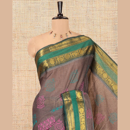 Pothys Grey-Green Andhra Cotton Saree, Decorated with Motifs Print, a Contrast Rettai Pettu Traditional Border, Pallu of Stripes, and Contrast Blouse