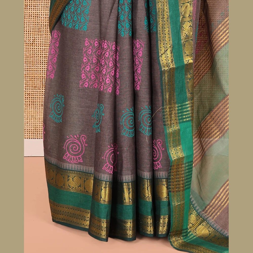 Pothys Grey-Green Andhra Cotton Saree, Decorated with Motifs Print, a Contrast Rettai Pettu Traditional Border, Pallu of Stripes, and Contrast Blouse