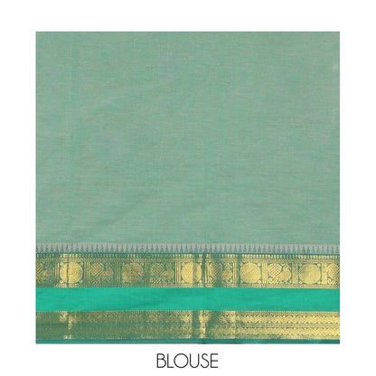Pothys Grey-Green Andhra Cotton Saree, Decorated with Motifs Print, a Contrast Rettai Pettu Traditional Border, Pallu of Stripes, and Contrast Blouse