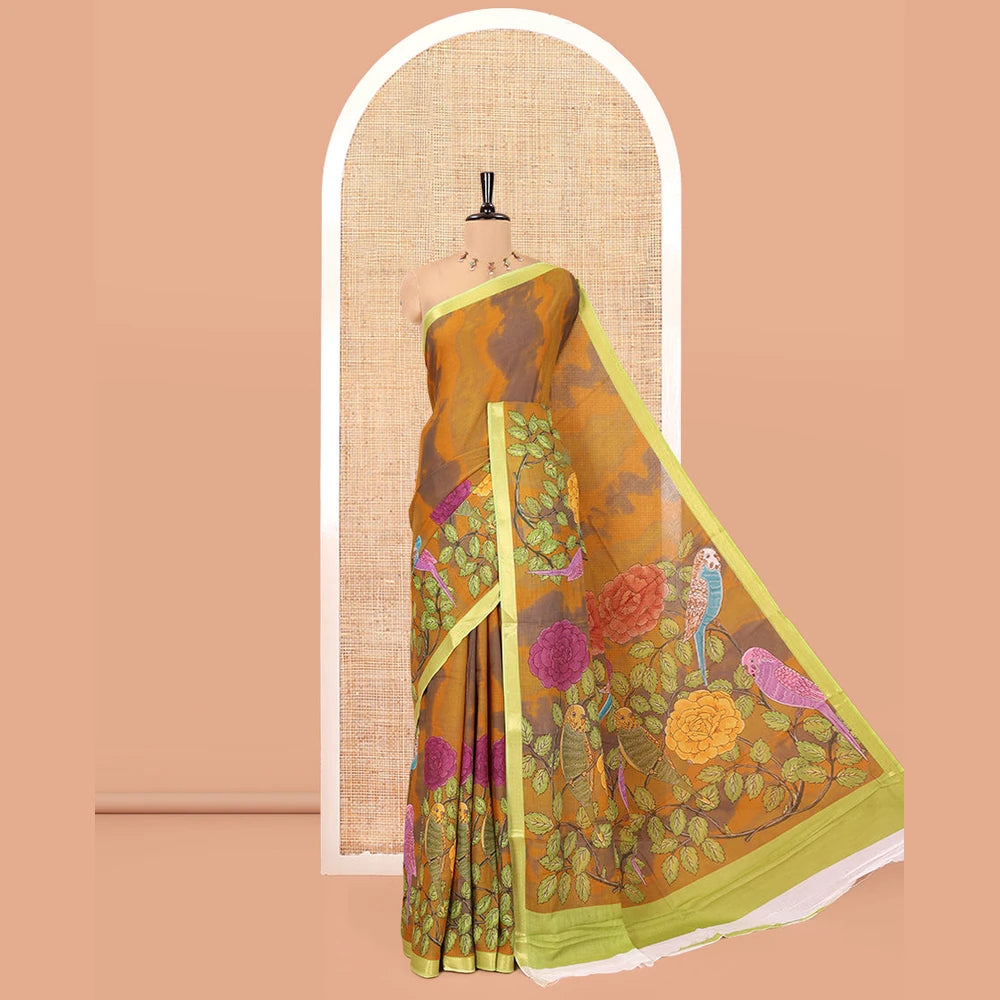 Pothys Mustard Andhra Cotton Saree, Embellished with Shibori and a Floral-Bird Print, a Contrast Zari Border, a Pallu of Floral-Bird Print, and a Contrast Blouse