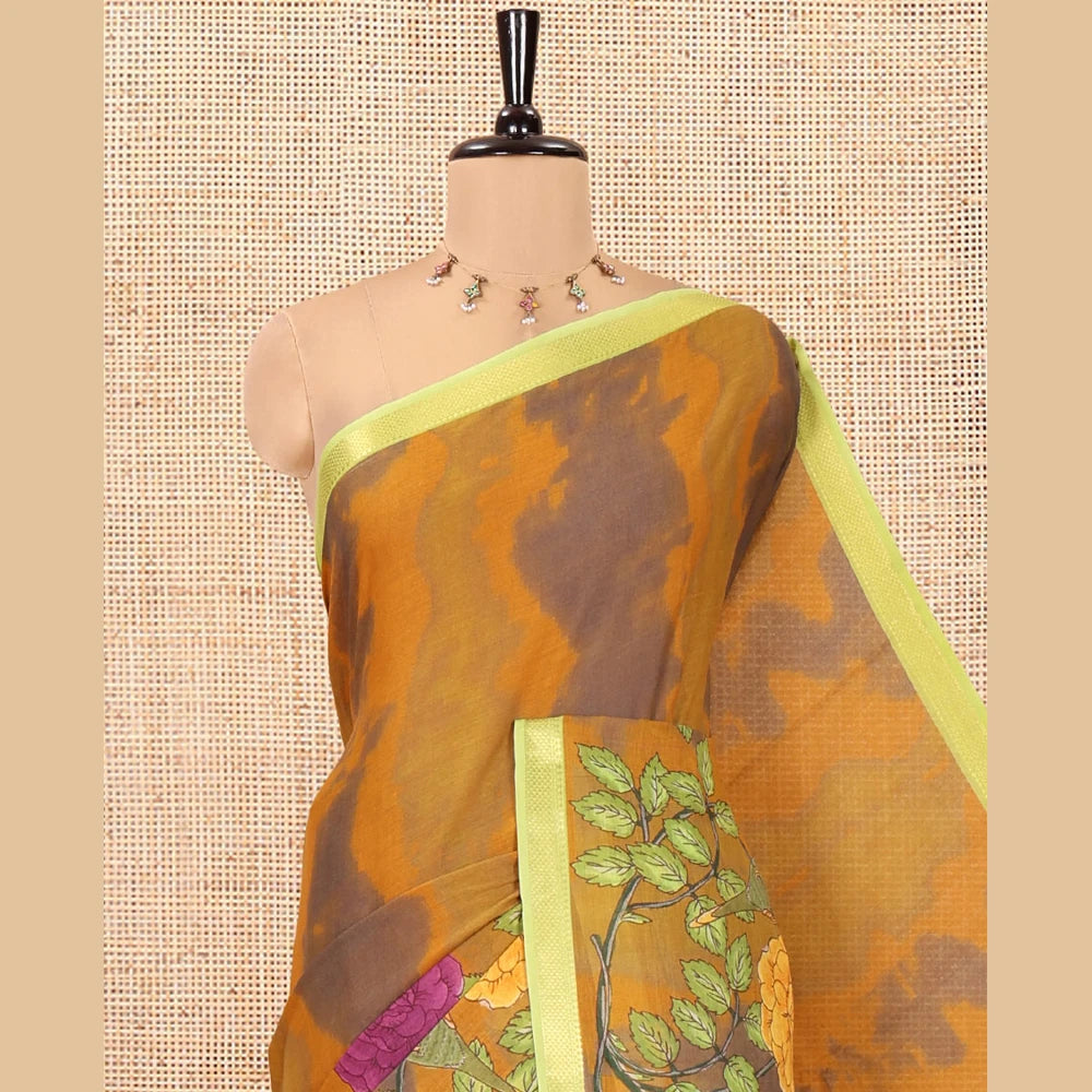 Pothys Mustard Andhra Cotton Saree, Embellished with Shibori and a Floral-Bird Print, a Contrast Zari Border, a Pallu of Floral-Bird Print, and a Contrast Blouse