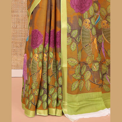 Pothys Mustard Andhra Cotton Saree, Embellished with Shibori and a Floral-Bird Print, a Contrast Zari Border, a Pallu of Floral-Bird Print, and a Contrast Blouse
