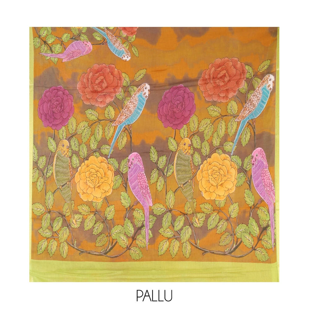Pothys Mustard Andhra Cotton Saree, Embellished with Shibori and a Floral-Bird Print, a Contrast Zari Border, a Pallu of Floral-Bird Print, and a Contrast Blouse
